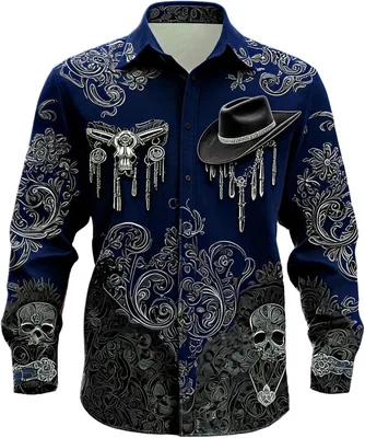 Men's Halloween Western Shirt Skull Paisley Long Sleeve Button Down Best Deal