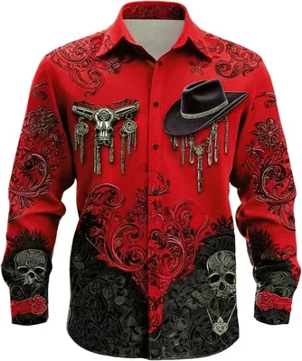 Men's Halloween Western Shirt Skull Paisley Costume Top Best Deal