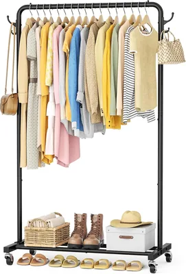Étagère à vêtements sur roulettes, vestiaire solide, 4 crochets et étagère | Étagère à vêtements mobile en métal, pour chambre à coucher, charge élevée