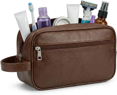 Necessaire Masculina de Couro, Impermeável, com 2 Divisórias, Organizador de Viagem Executivo para Higiene e Barba (Marrom Cl