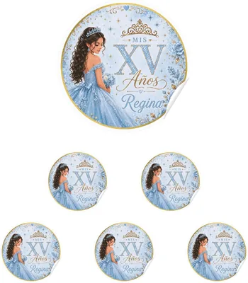 Etiquetas Personalizadas Mis XV Años - Calcomanías Redondas Quinceañera 'Vestido de Princesa'