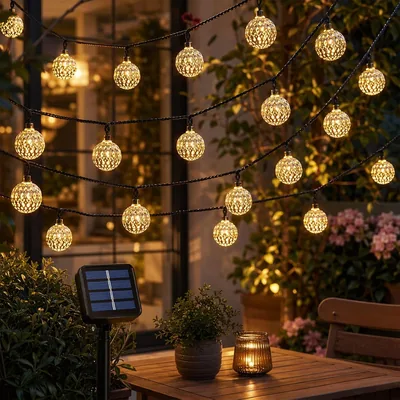Luces de cadena solar LED marroquíes Sathychanpy 12 M 100 LED con 8 modos Blancos cálidos Impermeables Decoración