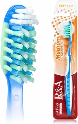 فرشاة أسنان R&A يدوية، فرشاة أسنان دنتال مع شعيرات نظيفة، مقبض غير لاصق وجانب تنظيف لللسان، أزرق فاتح، صلبة