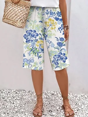 Women's Floral Capri Pants, Elastic Waist