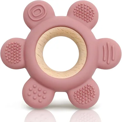Silicone Teether Ring for Babies - 6 Multi-Texture Chew Points + Natural Wood Grip
