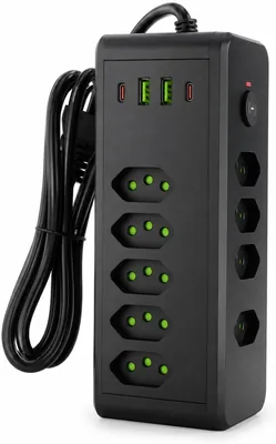 Filtro de Linha Torre de Tomadas com USB, 8 Tomadas + 2 USB-A + 2 USB-C, Compacto, 2500W, Cabo 2m, para Home Office