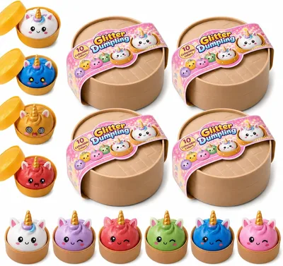 Pack de 4 Piezas Squishy Dumpling Sorpresa Unicornio con Bolitas de Colores, Antiestrés, Relajante
