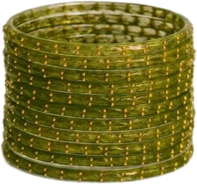 Raindrop Glass Bangles Set of 12 Purple | Gold Accent, Crystal Embellished Stackable Design, Traditional Style