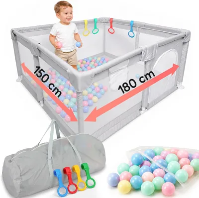 Playpen para Bebés con Red de Malla, 150 x 180 cm, con 4 Ganchos de Apoyo y Bolas Colores, Acero