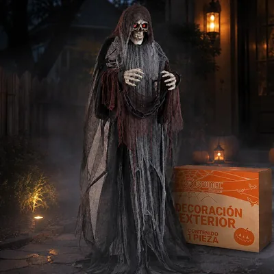 Decoración de Halloween Exterior ESQUIMAL LED Sonido - Guardián del Cementerio | Figura Animada de Terror Movimiento, Ojos Rojos