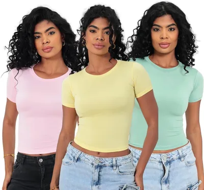 KIT 03 Baby Tee Feminina - Blusa Slim Fit Manga Curta Candy Colors