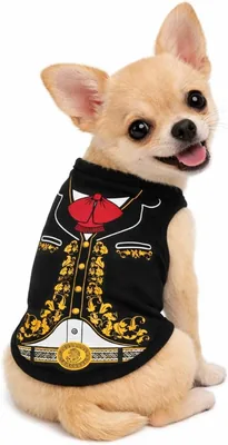 Disfraz de Mariachi Mexicano para Mascotas, Camisa Negra con Moño Rojo y Bordado Amarillo
