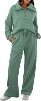Women's Sweatsuit Set - Zip Up Lapel Top & Wide Leg Pants Best Deal
