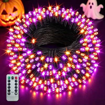 Luces de Halloween 20M 200 LED Naranja Púrpura, con Remoto, Temporizador y Memoria IP65 (8 Modos)