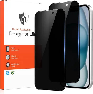 Amzpas Ochrona przed wzrokiem dla iPhone 15/16, 2 szt. Szkło pancerne bez pęcherzyków