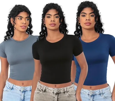 Kit 3 Baby Tee Feminina Slim Fit Manga Curta Blusa Ajustada