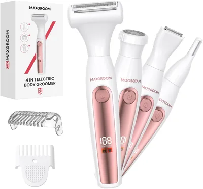 Maxgroom Afeadora Eléctrica para Mujeres 4 en 1, IPX6 Seco/Húmedo | 120 min Autonomía, Lamas Redondeadas Anti-Irritación, Pantalla LED, para In