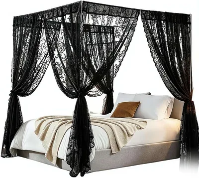Lace Canopy Bed Curtains Set - 8 Corner Net with Tie Backs Black Queen Best Deal