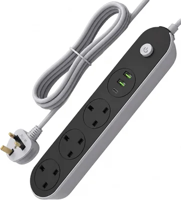 ممدد لوحة كهربائية 3 منافذ AC و2 USB ومنفذ شحن USB-C وحماية من الصاعقة، كابل 3 أمتار، مفتاح تشغيل/إيقاف مركزي، آمن للأطفال