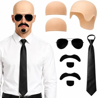 7PC Bald Cap Halloween Costume Set with Fake Beard - Best Deal