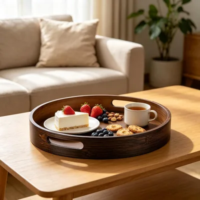 11.8 Inch Large Round Wooden Serving Tray,Decorative Wood Tray for Coffee Table, Ottoman, Countertop