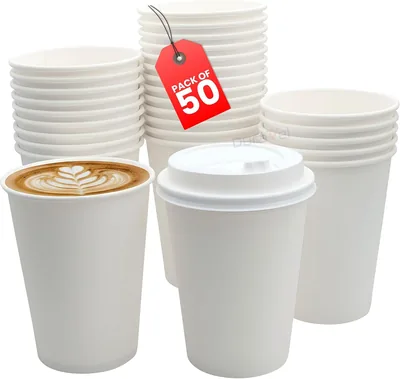 Duravel Paper Cups with Lids, 50 Pieces, 12 Oz Hot & Cold Drinks Containers, Best Deal