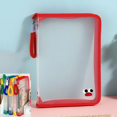 A4 Zipper File Folder with Handle, Clear Waterproof PP Document Pouch, Red Storage Bag