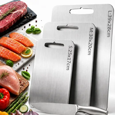 Set 3 Taglieri in Acciaio Inox 304 con Coltello, Tagliere Cucina Grande Medio Piccolo