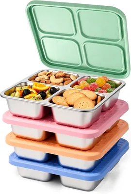 4 Pack Stainless Steel Snack Boxes with Silicone Lids