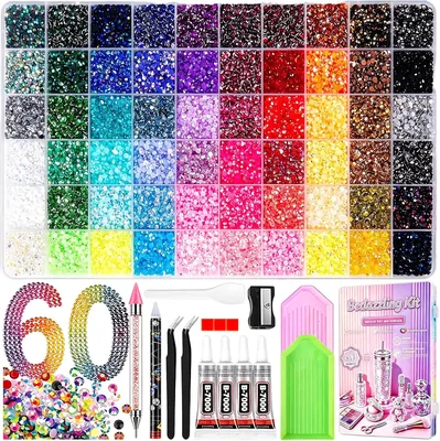 Kit Brillo 48000 Piezas Diamantes de Imitación 3mm, 60 Colores, Cristales para Decorar, Pegamento B7000, Pinza y Lápiz