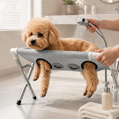 Gixnoc ペットシャンプースタンド 折りたたみ式 グルーミングハンモック 犬・猫用 8穴メッシュ ナイルクリッパー付 (グレー, 約23cm)