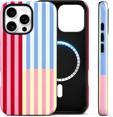 Eiyikof Magnetic Striped Case for iPhone 16, Red/Pink/Blue
