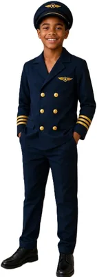 Boys Pilot Costume Uniform Set, Navy Blue with Gold Details