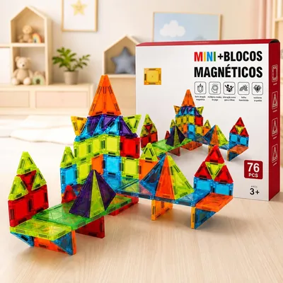 Kit Blocos Magnéticos Infantil 76 Peças - Mini Blocos de Montar Educativos Coloridos com Ímã