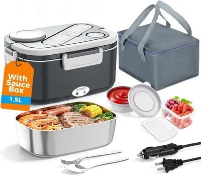 HOLDRUBY Electric Heated Lunch Boxes Adults: 100W Protable Food Warmer with Sauce Box 1.5L Heatable 