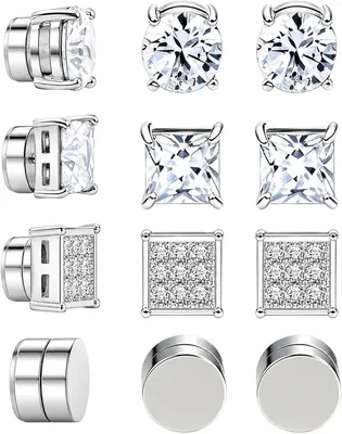 4 Pairs Magnetic CZ Stud Earrings Men Stainless Steel