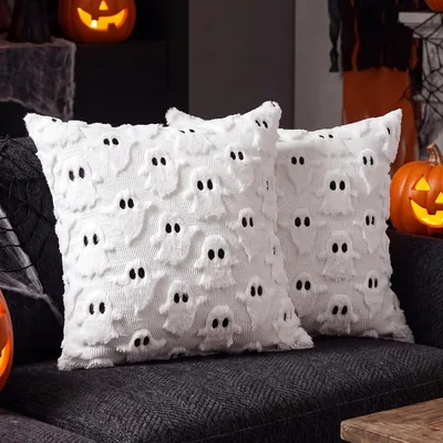 HYTYQDAFA 2 Funda de Cojines Halloween de Peluche Fantasma 45×45CM (Blanco)