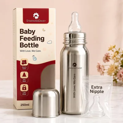 स्टार एंड डेज़ी बेबी फीडिंग बोतल 250ml, एसएस स्टेनलेस SUS 304 दूध की बोतल नवजातों, शिशुओं और टोडलर्स के लिए, 0+ महीने, BPA- मुक्त
