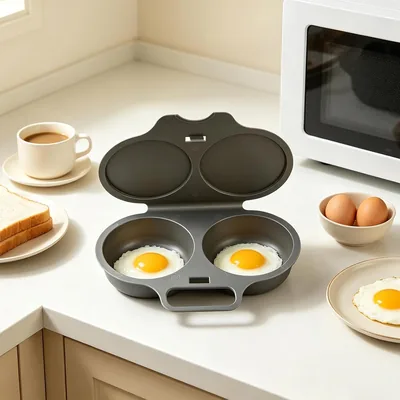Cucina per Uova a Microonde a 2 Cavità con Coperchio Riutilizzabile per Colazione Ufficio Scuola Casa, Nero - 1 Pezzo