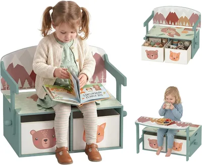 Qaba Kids Toy Box Chest Green - 3-in-1 Convertible Bench