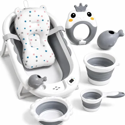 Topika Foldable Baby Bath Tub Set, Newborn Bath with Cushion & Rinse Kit, 7 Pcs