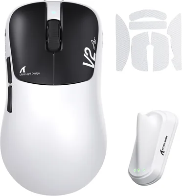 ATTACK SHARK V2AIR Wireless 8K Gaming Mouse,52g Ultralight-White Black+Tape | 60K DPI,PAW3955 MAX Se