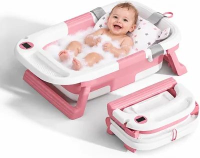 Bluelander Bañera Plegable para Bebé 69.5 x 42 x 21 cm, Tina de Baño Portátil con Medición de Temperatura, Cojín de Espuma PU