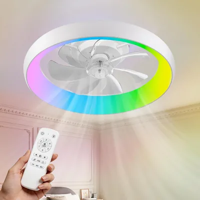 Ventilateur de plafond DOMANKI 50 cm RGB, moteur DC silencieux, blanc | pales transparentes, lumière d'ambiance RGB, réglable, mode été/hiver