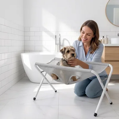ペット用洗濯スタンド 猫・犬用 シャンプースタンド ゴーミングハンモック メッシュ生地4本脚安定三角サポート