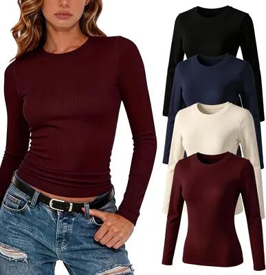 Neorostika 4 Pack Camisetas de Manga Larga y Cuello Redondo para Mujer