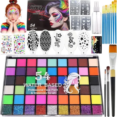 54 Color Face Painting Kit - Stencils & Brushes