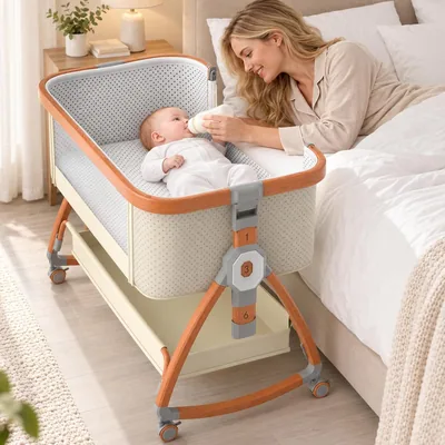 Muja Cuna Multifuncional, Colecho para Padres | Cuna con Mosquitero, Portátil, Ajustable, Convertible a Mecedora, Rueda Silente