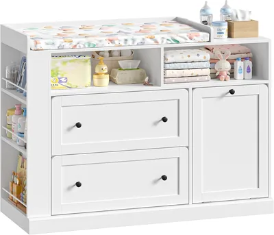 FOREHILL Baby Changing Table with Laundry Basket & Drawers - 120cm