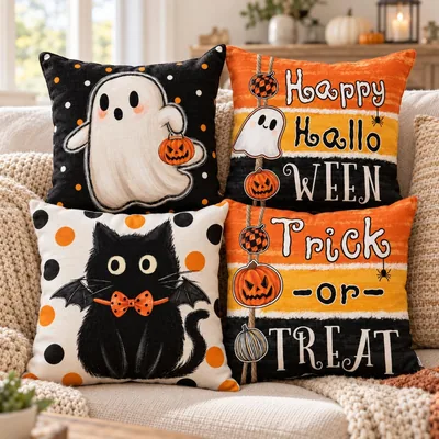 Funda de Almohada NeoXmeria para Halloween, 4 Piezas, Decoración Cojín de Lino